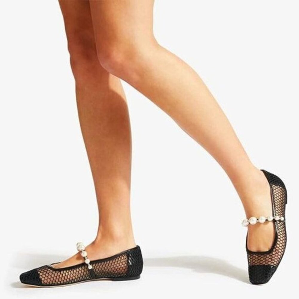 XYD Black Mesh Pearl Strap Flats